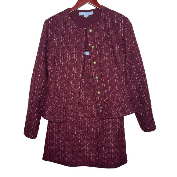 Hill House The Valentina Tweed Jacket and Mini Dress set in Burgundy Sz XS - Picture 5 of 16